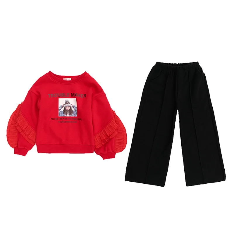 

Girls' New Winter Suit Autumn and Winter Trend 2019 Children's Plush and Thickened Sweater Wide Leg Pants Two Piece Suit