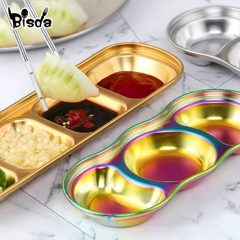 

1Pc Seasoning Dish Stainless Steel Plate 3/4 Sections Rectangle Plates Gold Nut Dinnerware Mixing Fruit Candy Dessert Tray Kit