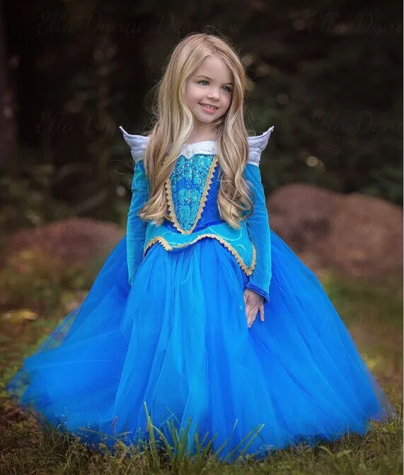Детский костюм Спящей красавицы для Хэллоуина нарядное платье принцессы Авроры Для Девочек Пышные Платья Золушки из тюля с длинными рукавами для малышей - Цвет: Синий