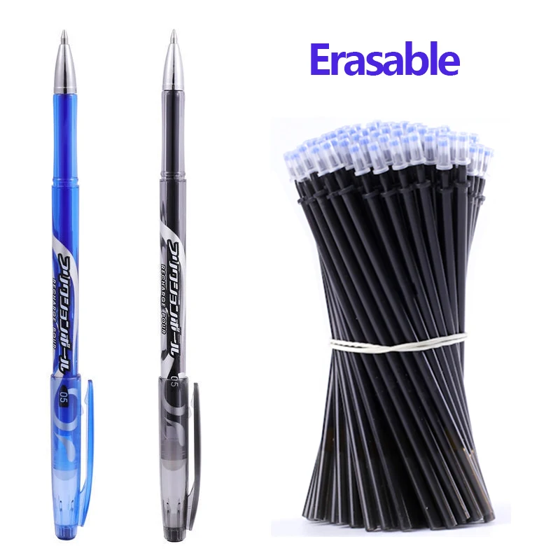 

2+50Pcs/Set 0.5mm Blue Black Ink Gel Pen Erasable Refill Rod Erasable Pen Washable Handle School Writing Stationery for Notebook