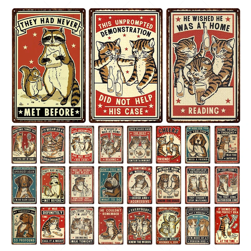 

Vintage Cute Animal Metal Poster Cat Dog Retro Poster Plaque Plate Tin Signs Bar Club Pet Shop Dog Shabby Painting Home Decor
