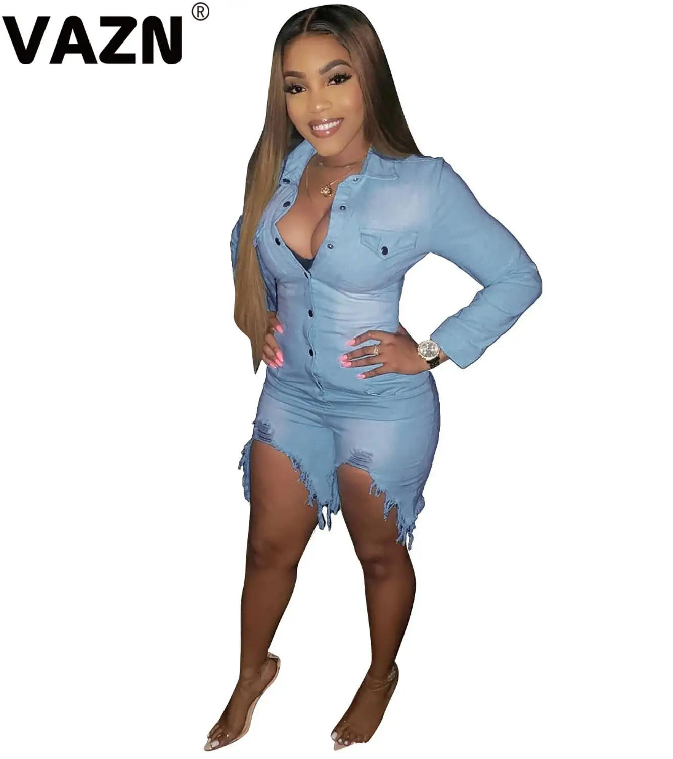 Light blue VAZN BN-013 осень 2 цвета горячий список возраст снижение сексуальная мода Новинка Длинный рукав тонкие женские джинсовые мини Необычные комбинезоны - Цвет: Light blue