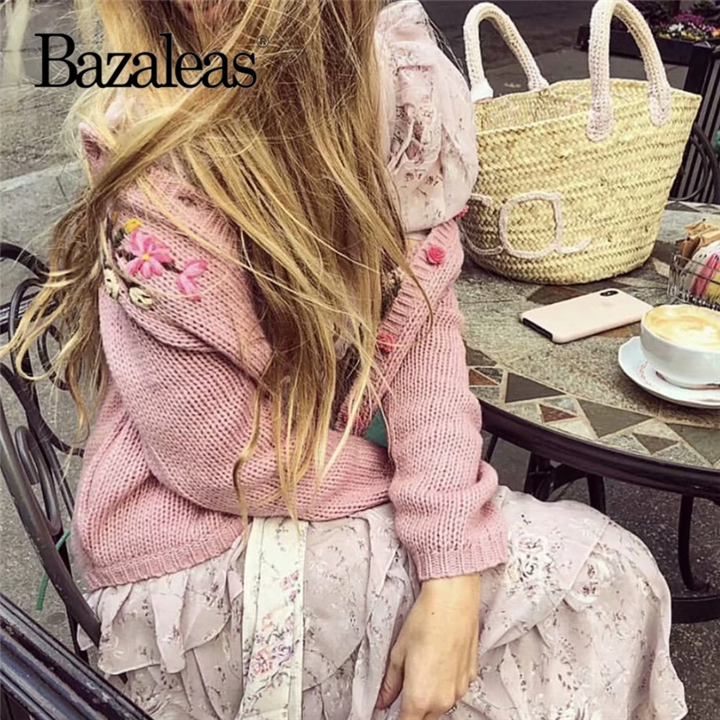 Bazaleas ретро розовый Цветочный вышитый женский свитер винтажный женский кардиган свитер Цветочные пуговицы вязаный дропшиппинг