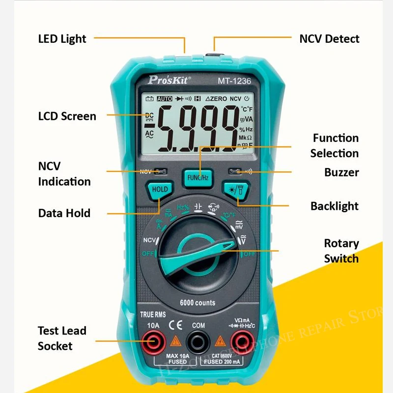 Pro'sKit MT-1236 3-5/6 True RMS Digital Multimeter ACA ACV DCA DCV Automatic Range Electrician Burn-proof Meter LED Lighting