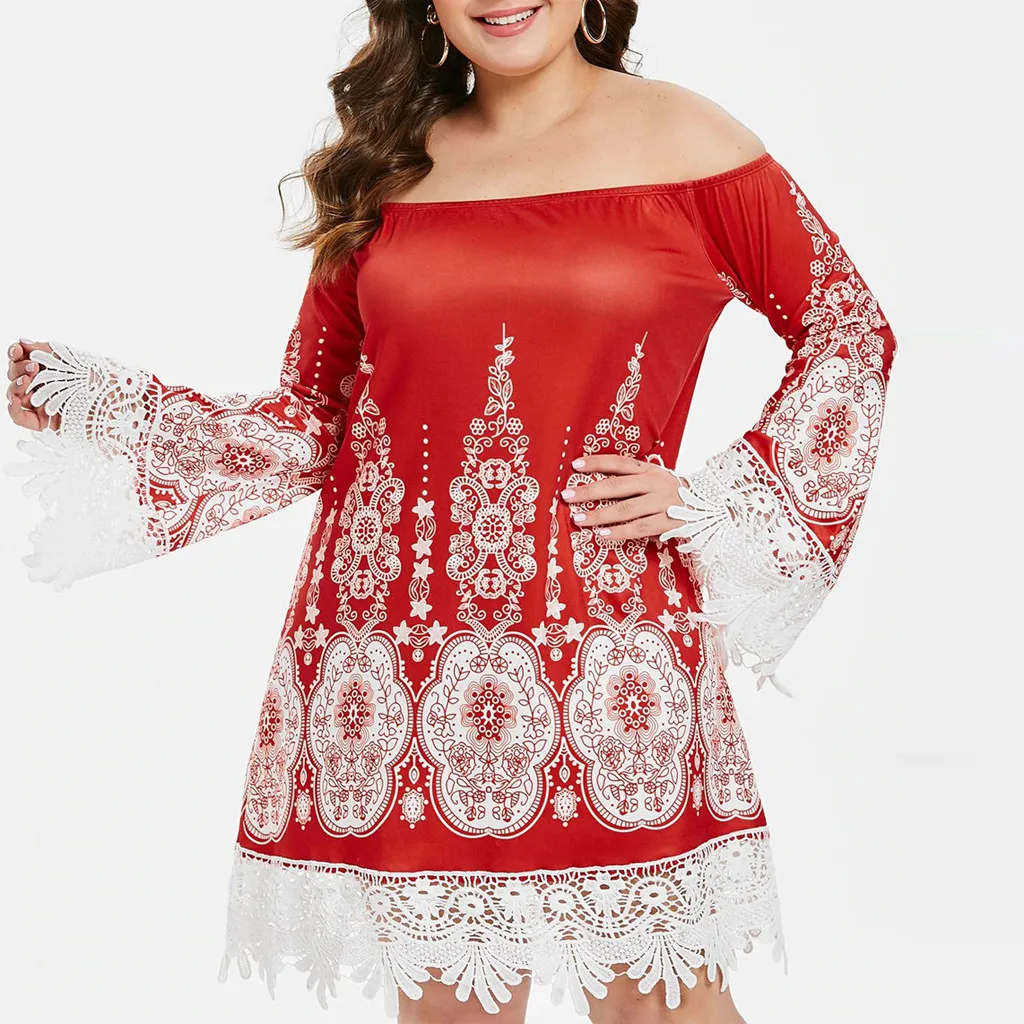 Printing Lace Loose Plus Size Dress Fashion Women Off The Shoulder Tribal Print Slash neck Insert Dress платье женское vestidos