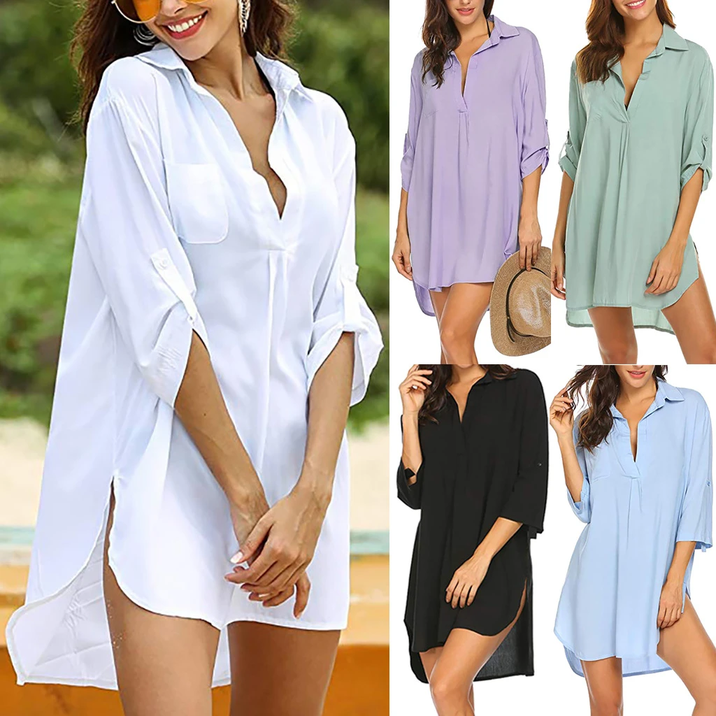 Camisas para mujer, blusas con escote en V profundo, traje de de Color sólido con protección solar playa, novedad|Camisa| - AliExpress