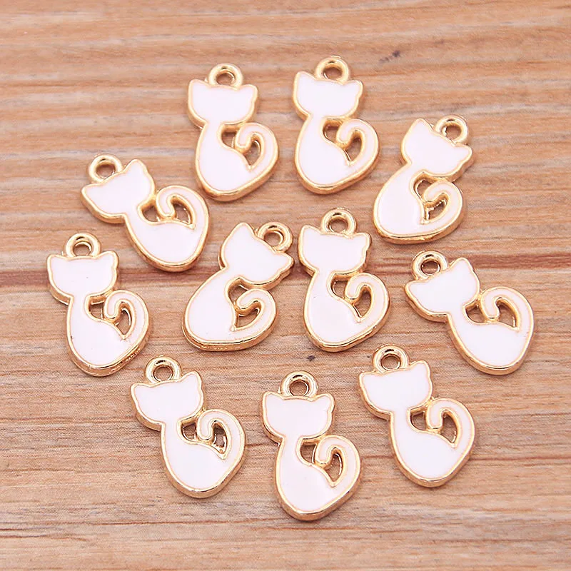 30Pcs 2 Style Alloy Metal KC Gold Drop Oil  White Black Small Cat Charms Animal Pendant For DIY Bracelet Necklace Jewelry Making