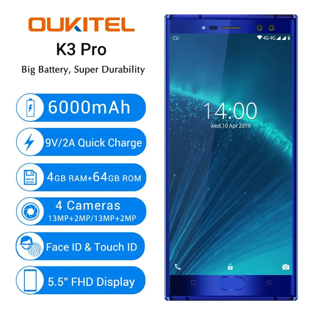 OUKITEL K3 Pro 4GB+64GB Smartphone Android 9.0 Pie MT6763 Octa Core 5.5" FHD 6000mAh Face ID 9V/2A Flash Charge Mobile Phone