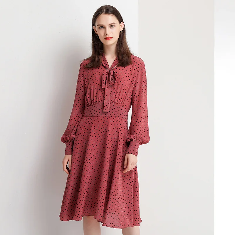 

Polka-dot Printing Real Silk Dress Female Long-sleeved 2019 Autumn Bow A-line Elegant Women High End Luxury Dresses