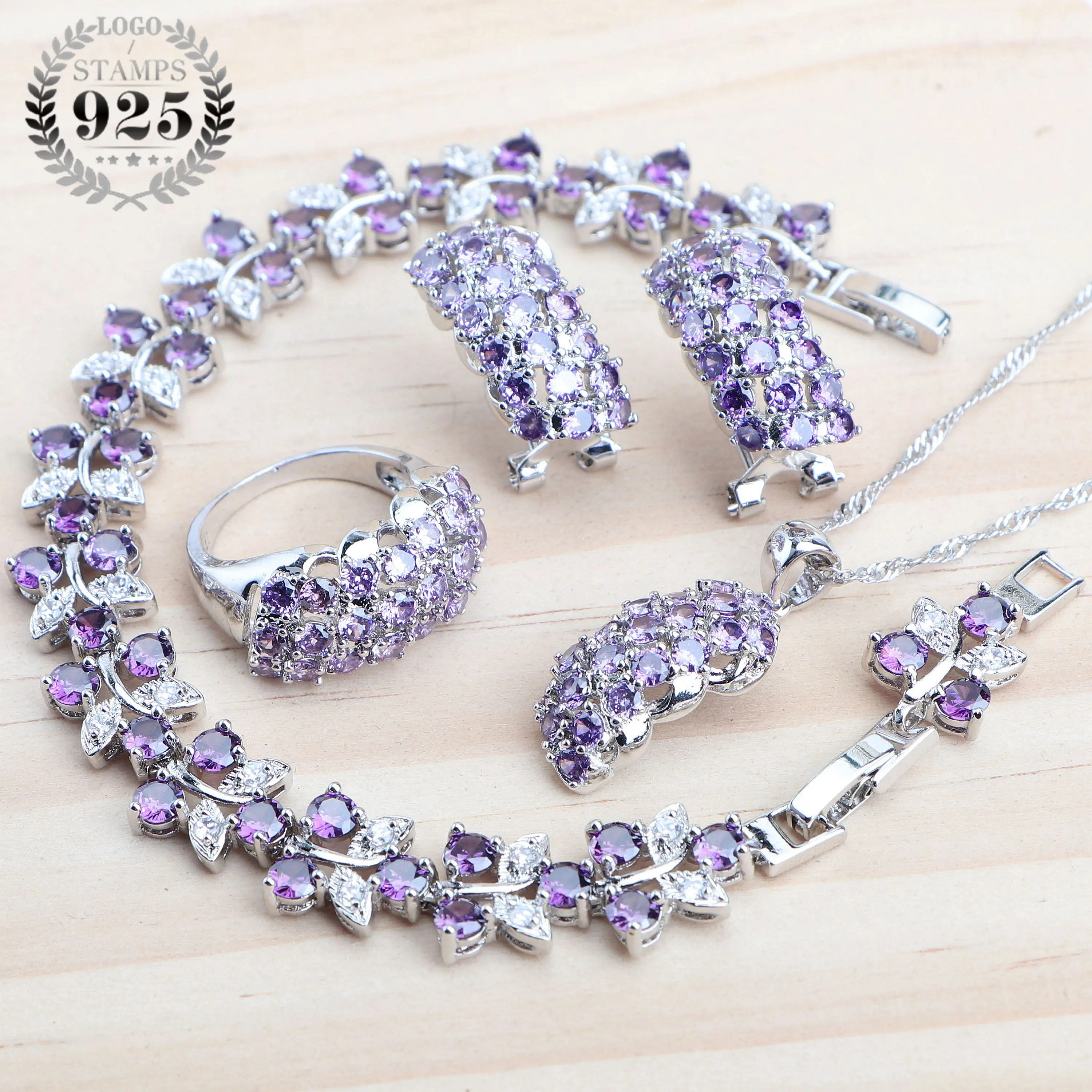 Silver 925 Purple Zircon Bridal Jewelry Sets Women Wedding Stone Bracelets Earrings Ring Necklace Pendant Set Gifts Box | Украшения и