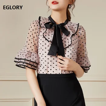 

New 2020 Spring Summer Shirts Women Bow Collar Polka Dot Print Flare Sleeve Elegant Pink Apricot Tops Shirts Ladies Sexy Blouses