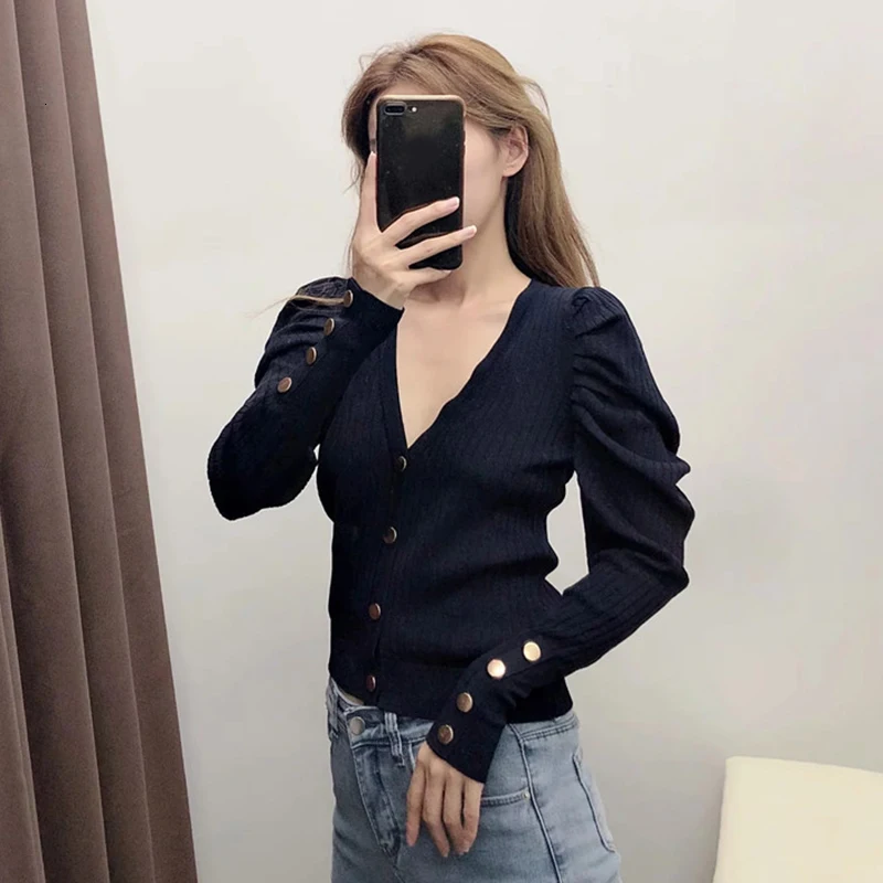 TWOTWINSTYLE Black Knitted Women's Sweater V Neck Puff Sleeve Single Breasted Korean Sweaters Female Autumn Winter New