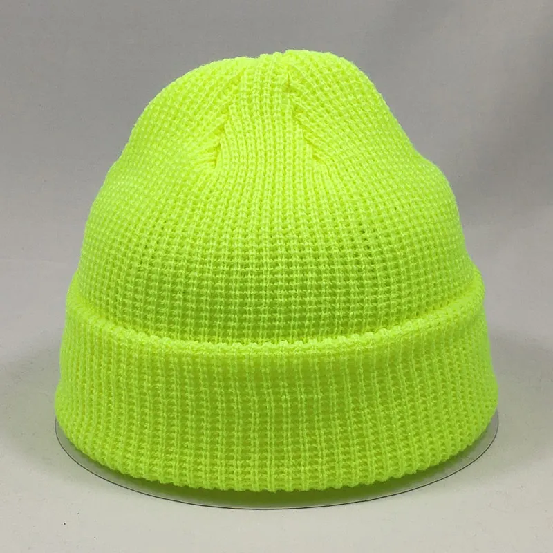Short Plain Cuffed Hat Beanies Women Men Winter Knit Skull Cap Hip Hop Streetwear Neon Yellow Neon Orange Bright Green
