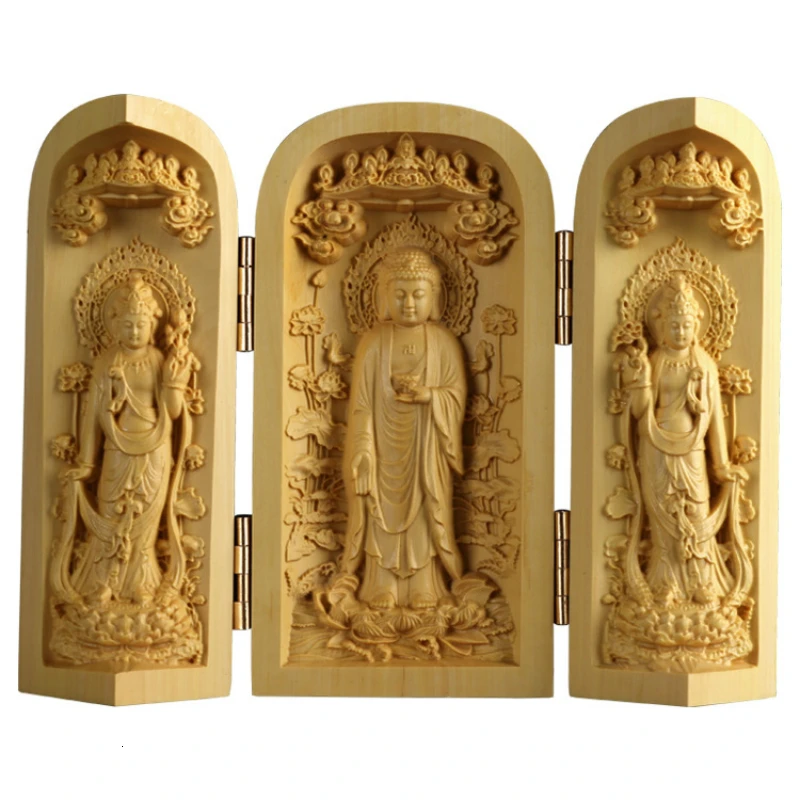 

Wooden Crafts Statues Boxwood Carving Furniture Solid Wood Carvings Handlebars Three Boxes Home Decor Ornaments Buda Sculpture