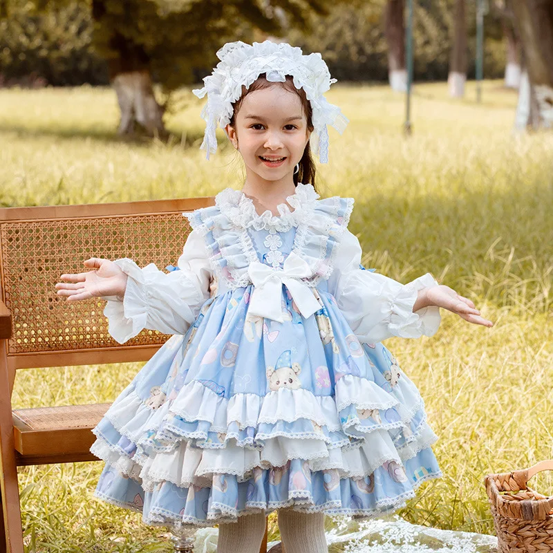 Sweet Cute Kid Princess Dress Exquisite Print Bear Loli Lolita Dress Soft Cotton Girl Halloween Carnival Stage Performance Suit