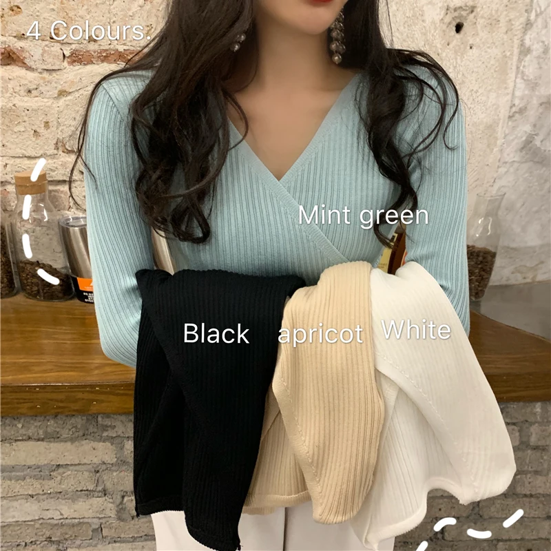 Mozuleva 2019 Autumn Winter Simple All-match V-neck Cross Women Pullovers Slim Female Knitted Sweater Tops Full Sleeve Jumpers