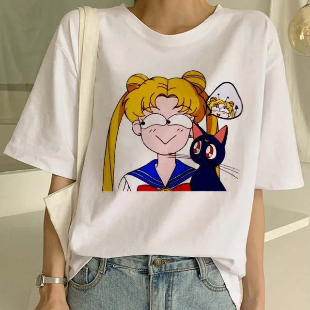 Sailor Moon/летняя новая модная футболка Женская Harajuku короткий рукав забавная футболка Ulzzang футболка с милым котом женские футболки с рисунком