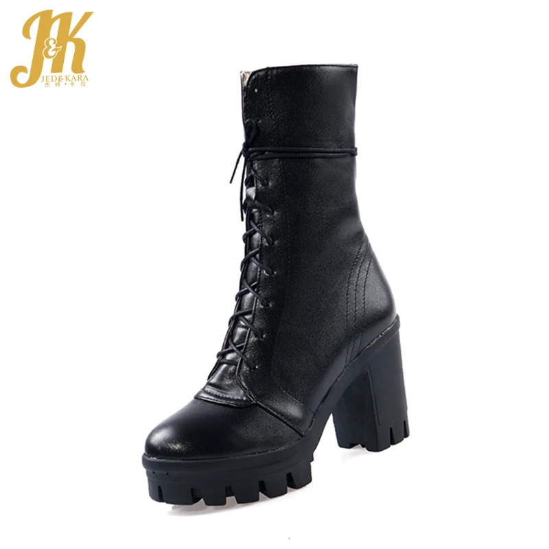 

JK Thick Platform Thick Heel High Shoes Cross Tied Solid Women Short Boots Round Toe Lace Up Female Boots Fashion Casual Shoes