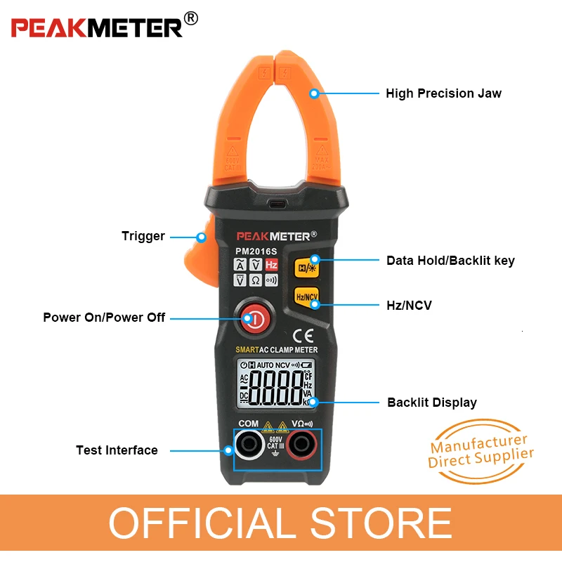 PEAKMETER Mini Smart Digital AC Clamp Meter Multimeter With Resistance Frequency Data Hold NCV Tester PM2016S