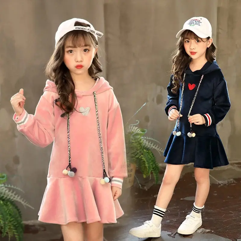 Зимнее флисовое платье с капюшоном для девочек коллекция 100 года, хлопчатобумажная фланелевая ткань, толстовка с капюшоном, платье для девочек, фланелевая рубашка, платья с узором в виде сердца