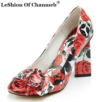 

2020 Top Quality Print Flower Genuine Leather Shoes Women Pumps Round Toe Print Rose Crystal Buckle Party Wedding Shoes Ladies