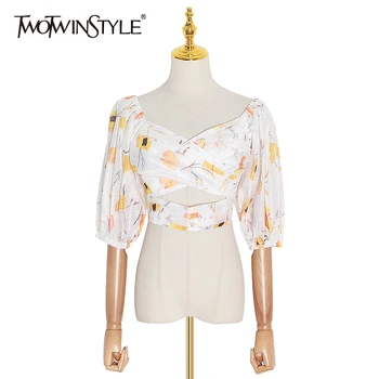 

TWOTWINSTYLE Casual Hollow Out Women Blouse Square Collar Lantern Half Sleeve Tunic Hit Color Short Shirt Female Fashion Clothes