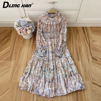 

DLINGHAN Vintage Floral Print Pleated Long Dress Fashion Stand Collar Puff Sleeve Vacation Dresses Designer Autumn New