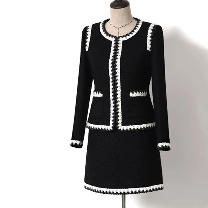

2019 New Stylish Designer Suit Set Women's Color Block Tweed Jacket Mini Skirt Suit