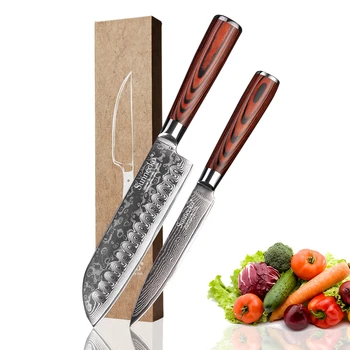 

SUNNECKO Damascus 7'' Santoku 5'' Utility Knife Japanese VG10 Core Steel Cutter Tools Pakka Wood Handle 2PCS Kitchen Knives Set