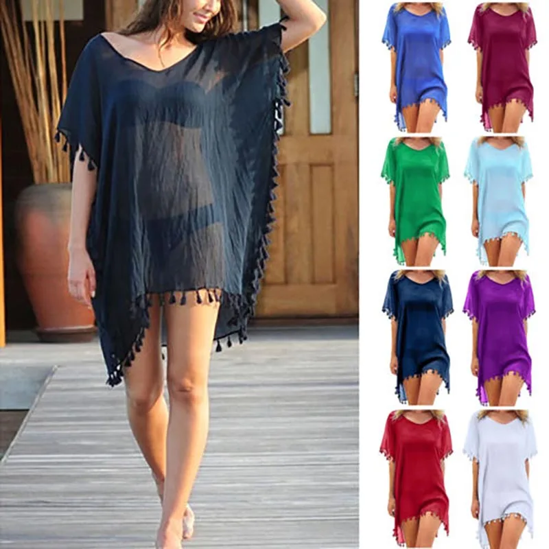 

Women Swimsuit Cover Up Swimwear Bathing Suits Summer Mini Dress Loose Solid Cover Ups 2021 Chiffon Tassels Beach Wear