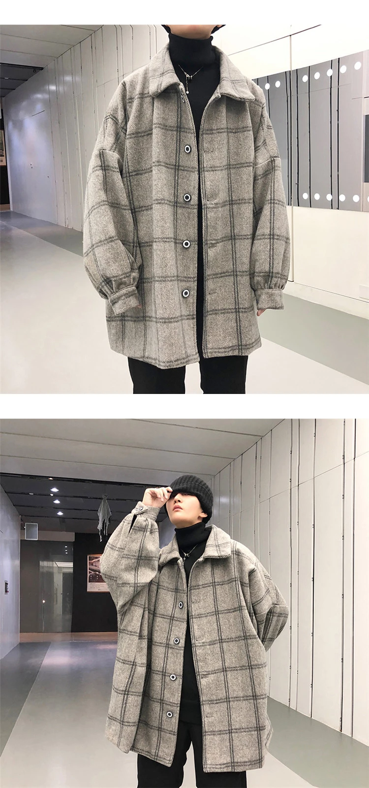 Winter New Woolen Coat Men Fashion Retro Casual Plaid Jacket Coat Man Streetwear Wild Loose Bomber Jacket Male Clothes S-XL