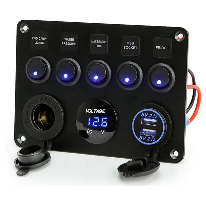 

5 Gang ON-OFF Toggle Rocker Switch Control Panel with Digital Voltmeter Display 2 USB Charger 12V for Car Marine Boat Waterproof