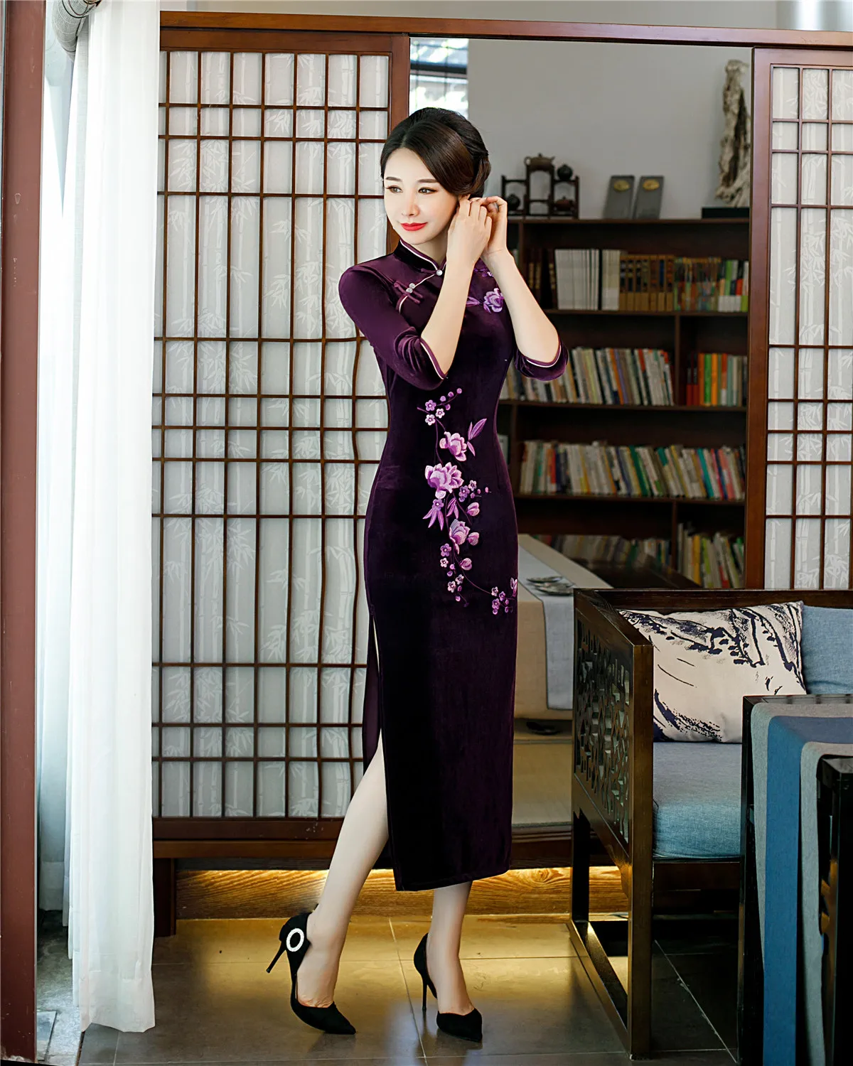 Shanghai Story/Новое поступление 3/4, длинное платье Qipao с рукавами бархатное китайское платье с разрезами по бокам и воротником-стойкой, с цветочной вышивкой, китайское женское платье 3 цвета