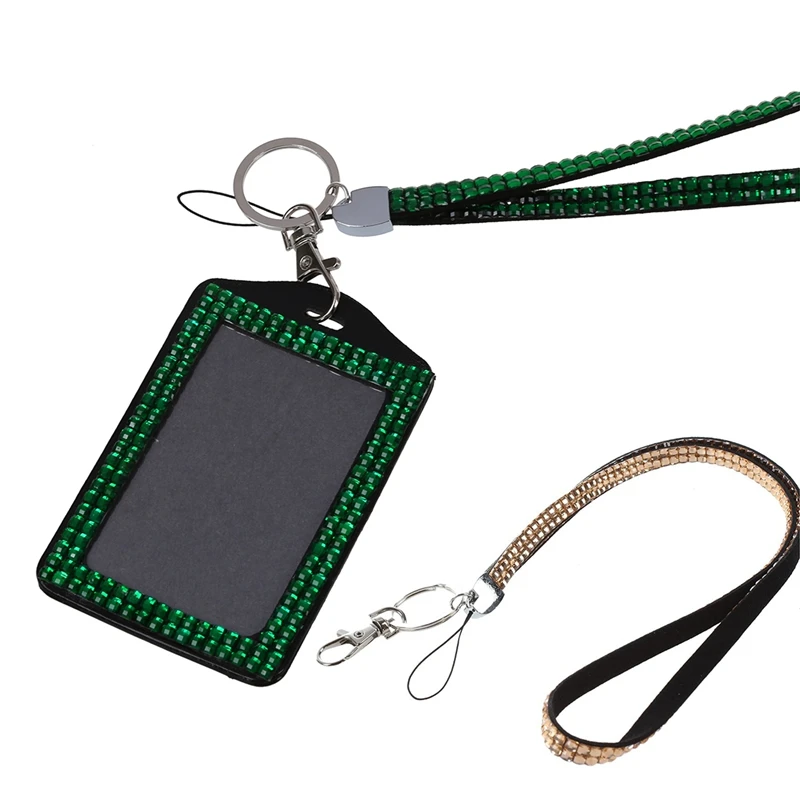 2 Pcs Rhinestone Bling Crystal Custom Lanyard Vertical ID Badge Holder- Champagne& Dark Green
