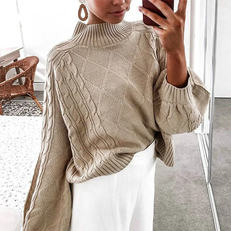 Winter Turtleneck Knitted Sweater Women Autumn 2019 Lantern Sleeve Plus Size Jumper Solid Casual Oversize Pullovers | Женская одежда