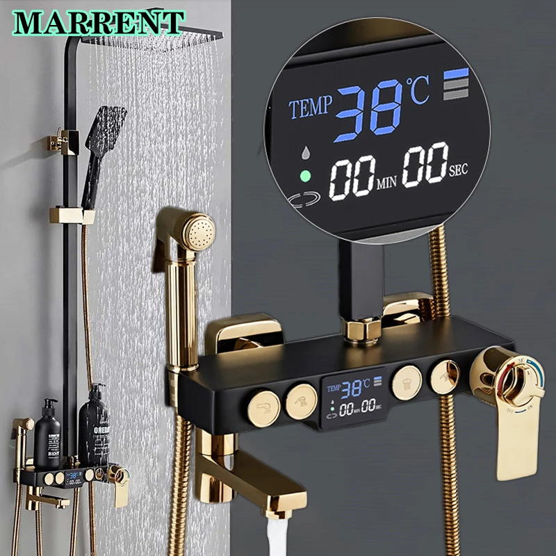 

Thermostatic Bathroom Shower Set MARRENT Solid Brass Black Gold Bathroom Shower Faucets Hot Cold Digital Bath Shower System Set