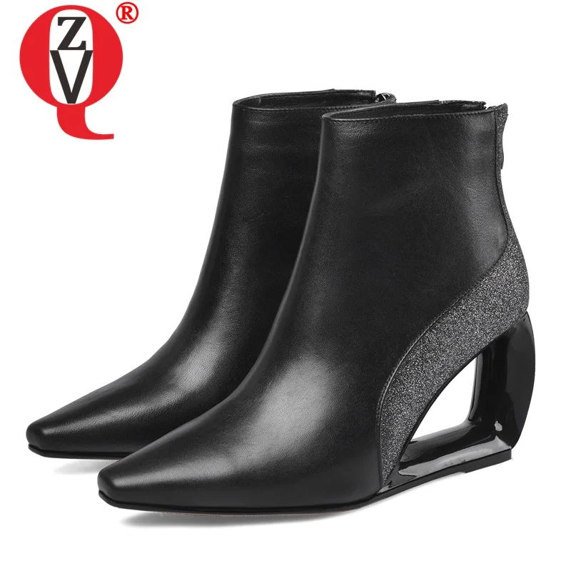 

ZVQ leather sexy ankle boots fashion Sequin pointed toe booties winter autumn 8cm high Openwork heel women's shoes drop shipping