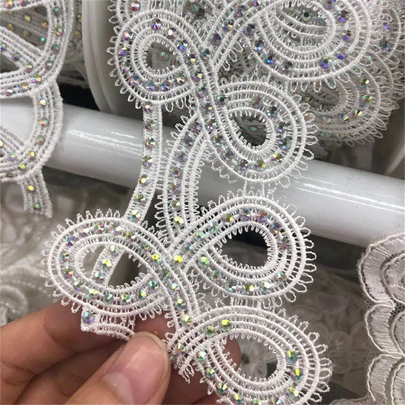 2.7'' Wide high quality  Luxry  Venice Applique / Venise chemical rhinestone Lace trim DIY crafted Fabric sewing wedding dress