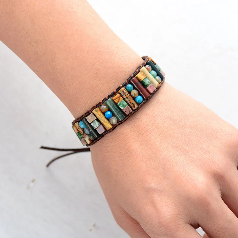 Tube Shape Natural Stones Single Leather Wrap Bracelet Semi Precious Stone Beaded Cuff Bracelet Women Boho Bracelet Dropshpip