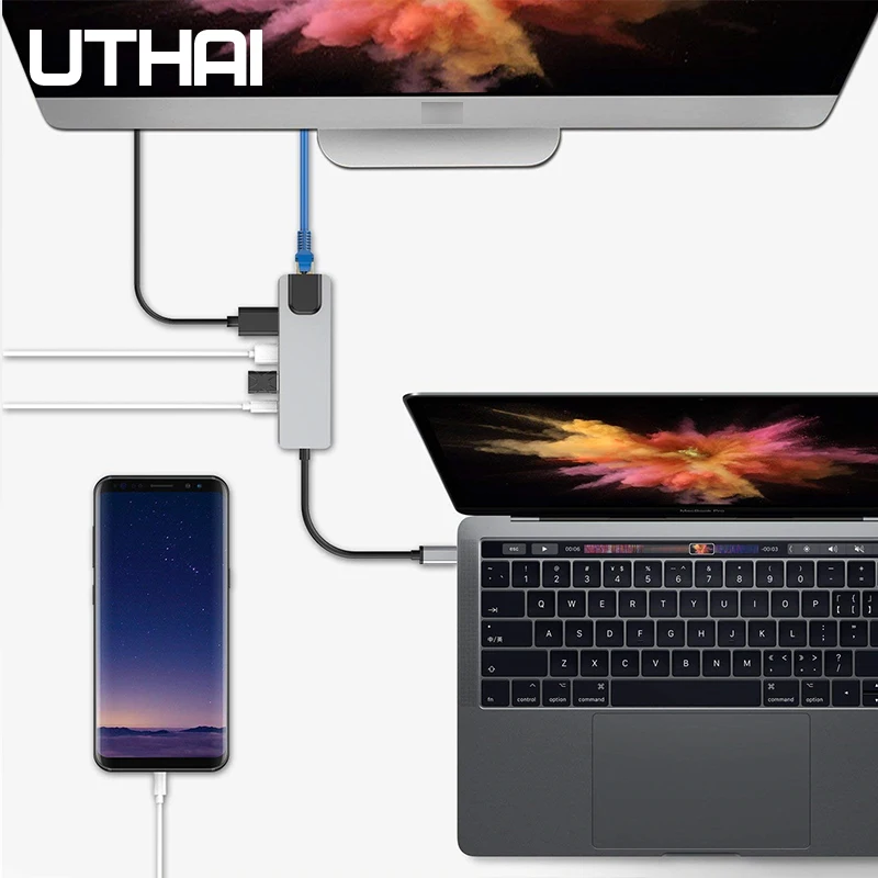 UTHAI J14 5в1 type-C адаптер HDMI 4K гигабитный сетевой конвертер для Macbook Pro Air PD Быстрая зарядка TF SD мультикардридер