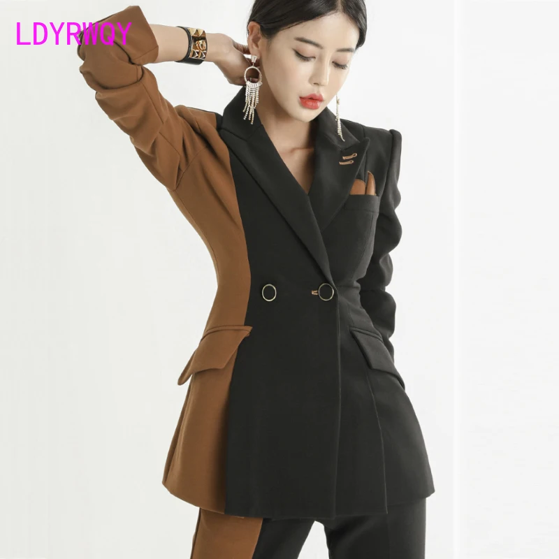 2019 autumn Korean version of commuter fashion color matching suit jacket + high waist slimming temperament trousers two sets