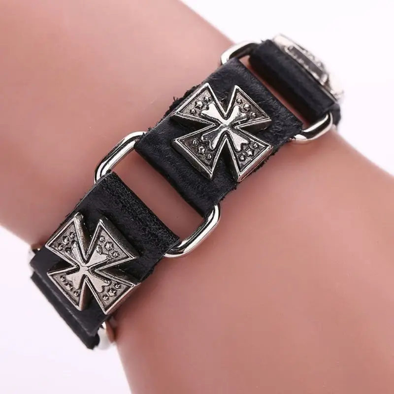 Men's Punk Adjustable Leather Strap Bracelet Metal Cross Cuff Bangle Wristband trend bracelet jewelry