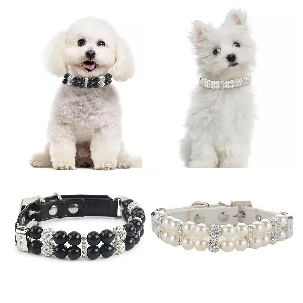 

Dog Pearl Collar PU Leather Dog Collar Artificial Pearls Rhinestone Pet Collars For Small Dogs Necklace Pet Dog Accessories