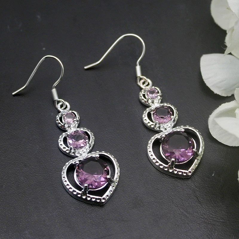 

Hermosa Three-stone Round Shape Amethystt 925 Sterling Silver Earrings For Women Fashion Jewelry 1 3/4 Inch ME025