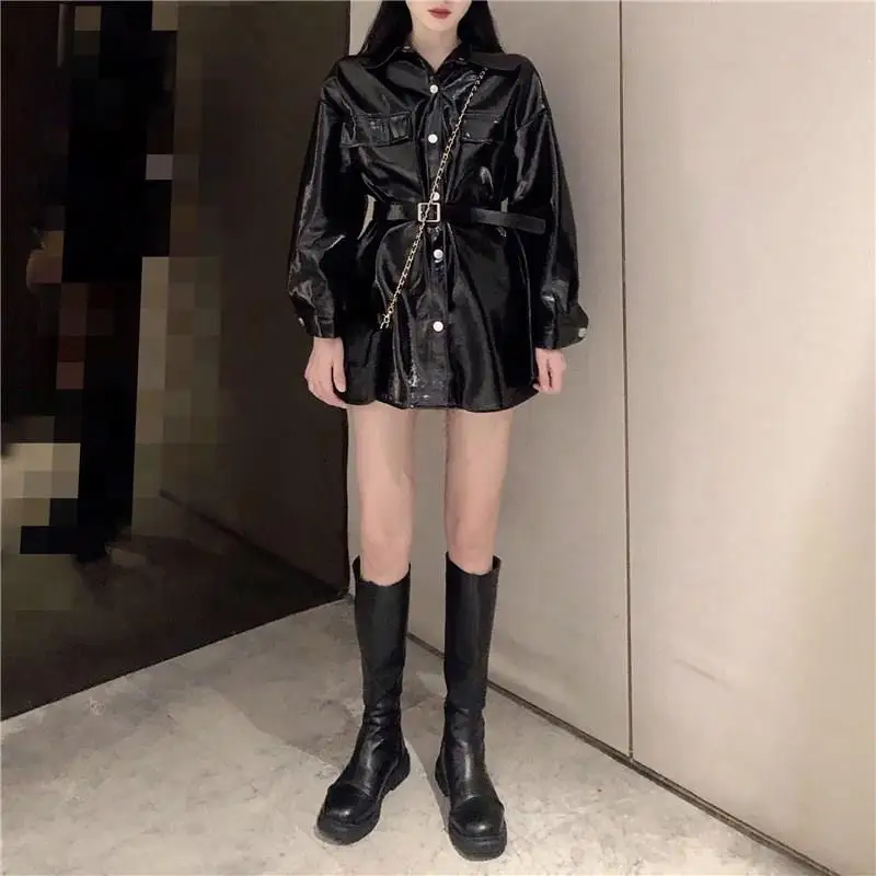 Женская свободная куртка из искусственной кожи, женская уличная Классическая байкерская куртка с лацканами, длинная однотонная куртка размера плюс, верхняя одежда с карманами
