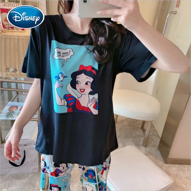 Mickey Pajamas Women's Short Sleeve Cropped Pants Disney Summer Snow White Comic Print Fashion Student Home Service Suit 3