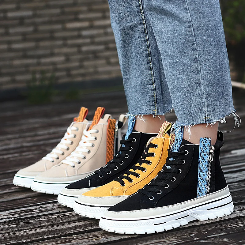 Осенние мужские парусиновые ботильоны; модные Молодежные кроссовки на плоской подошве; брендовые парусиновые рабочие ботинки для мужчин; удобная парусиновая обувь с высоким берцем на молнии