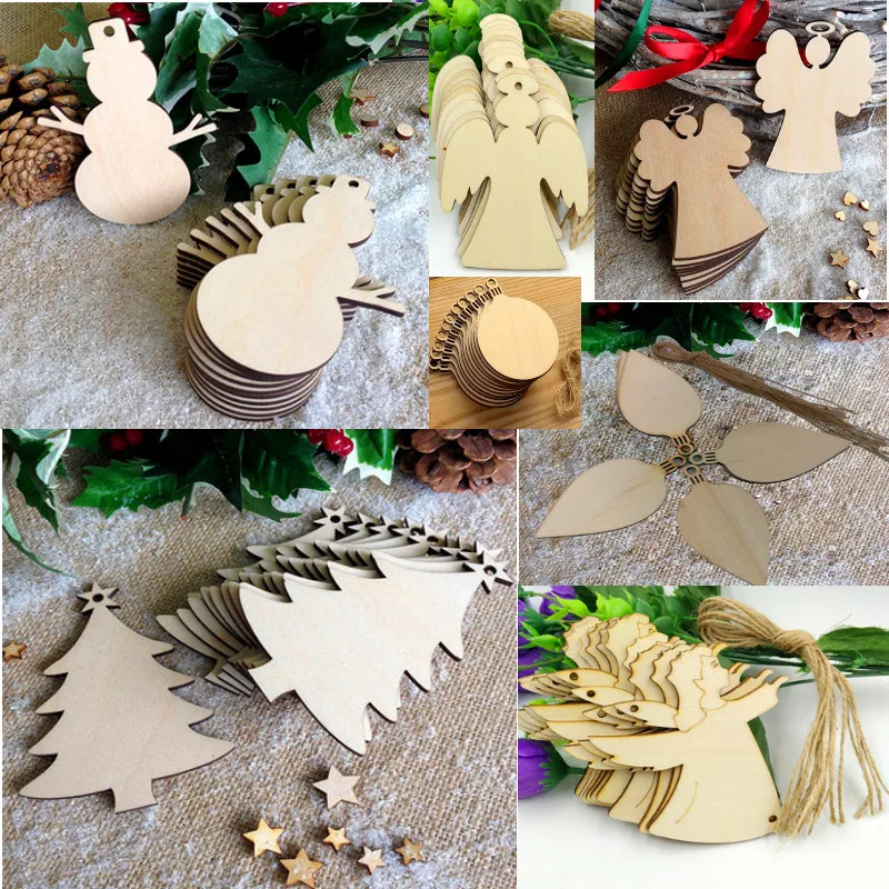 10Pcs Christmas Wood Chip Tree Ornaments Xmas Hanging Pendant Decoration Gifts navidad decoraciones para el hogar Z815