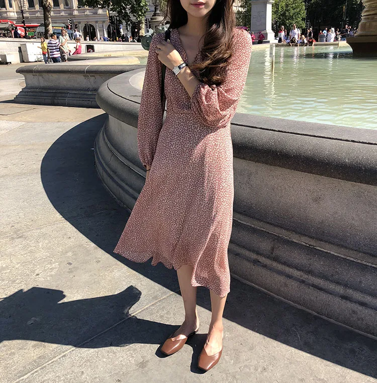 2018 летнее платье с цветочным принтом v образный вырез до середины икры пляжное