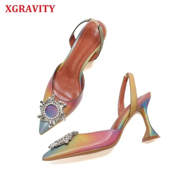 

XGRAVITY Rainbow Color Sandals Crystal Flower Shoes Woman Sexy Pointed Toe Back Strap Goblet Heel Sandalias Chic High Heels B117
